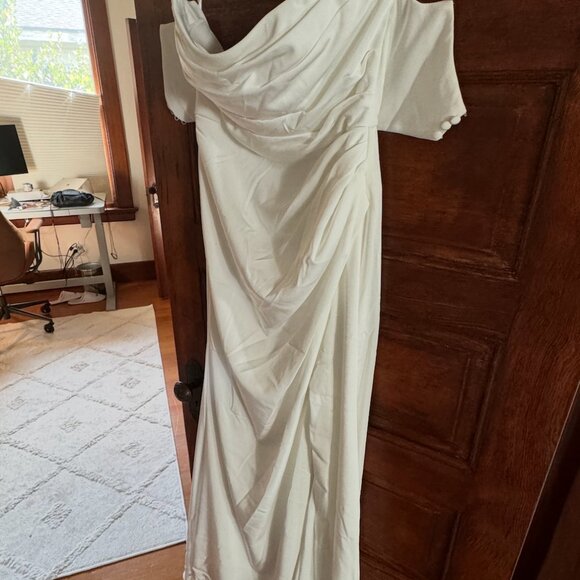 Azazie Moonlight Diamond White Mermaid Scoop Pleated Crepe Back Satin Dress - Picture 3 of 4